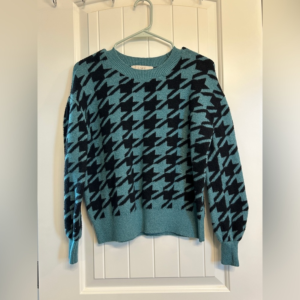 Women's Loft Teal and Black Houndstooth Sweater-XSP